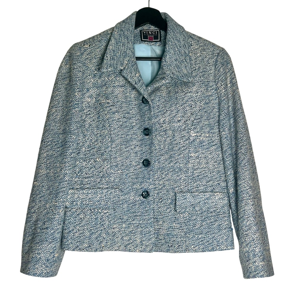 Vtg Vinci Clothiers 100% Silk Tweed Blazer Jacket Light Blue Textured Size 8 USA
